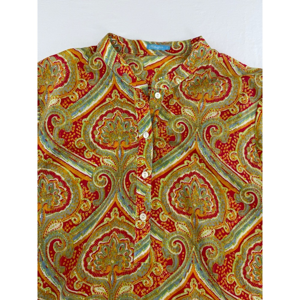 J.McLaughlin Womens Red Paisley Cotton Tunic Top Roll Tab Sleeve Size M